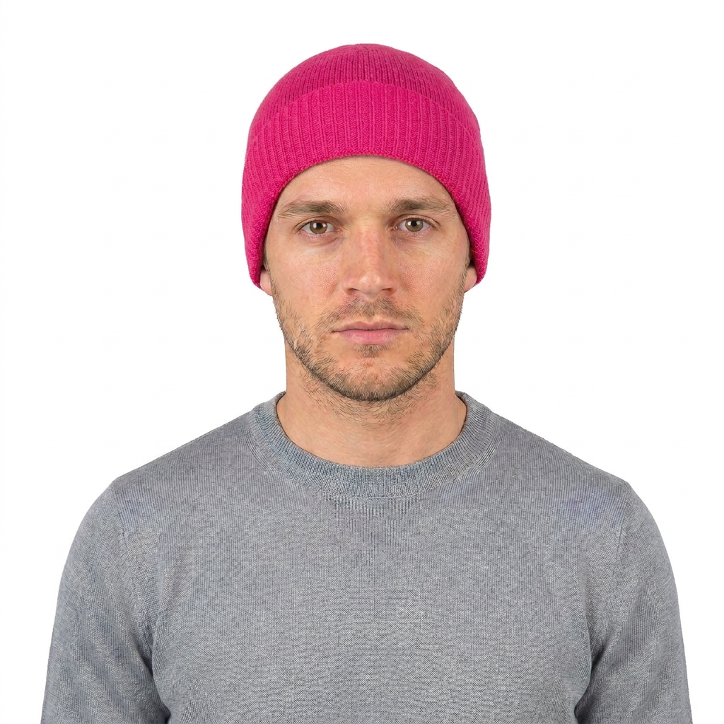 Men's plain-knit 100% cashmere beanie, colour Fuchsia, view 3 | Dalle Piane Cashmere