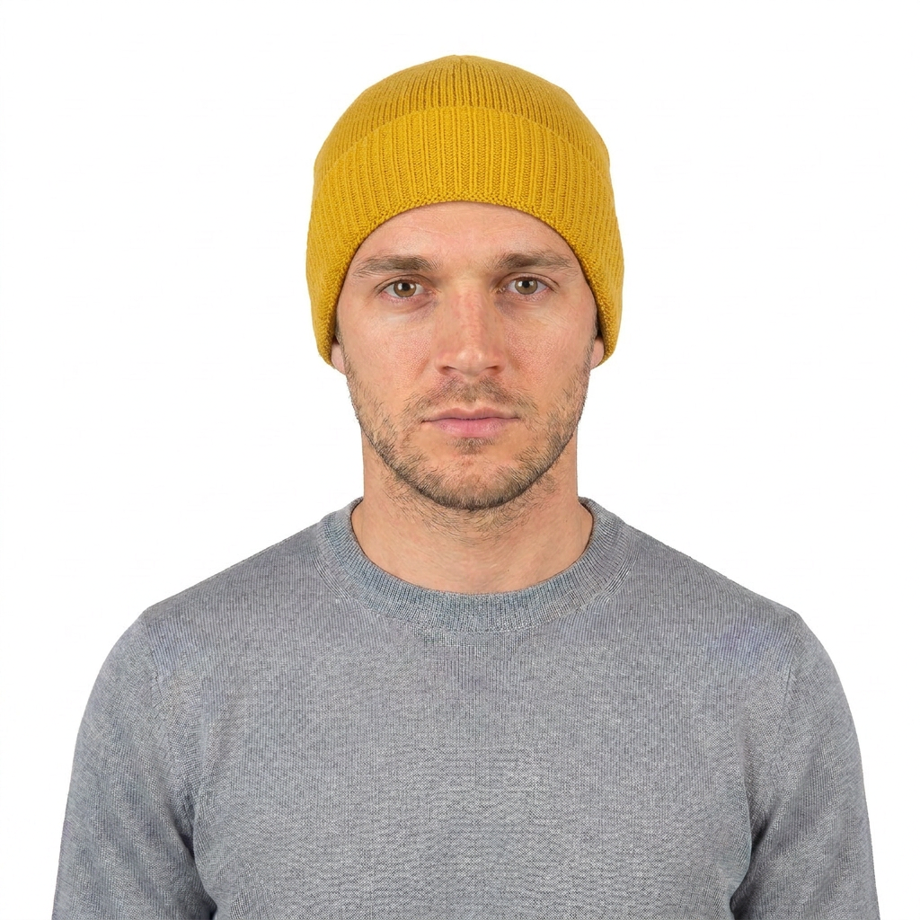 Men's plain-knit 100% cashmere beanie, colour Yellow, view 3 | Dalle Piane Cashmere
