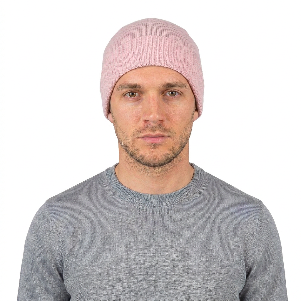 Men's plain-knit 100% cashmere beanie, colour Pink, view 3 | Dalle Piane Cashmere