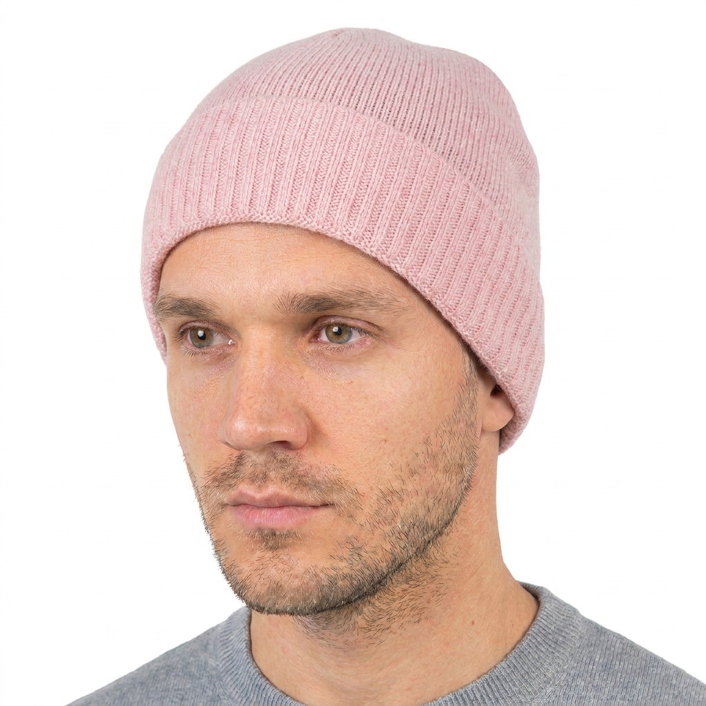 Men's plain-knit 100% cashmere beanie, colour Pink, view 2 | Dalle Piane Cashmere