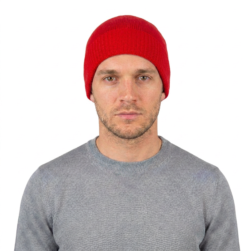 Men's plain-knit 100% cashmere beanie, colour Red, view 3 | Dalle Piane Cashmere