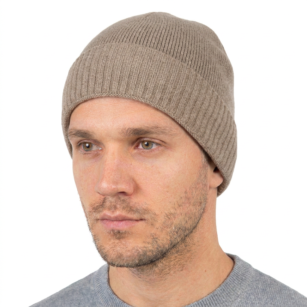 Men's plain-knit 100% cashmere beanie, colour Mink, view 2 | Dalle Piane Cashmere