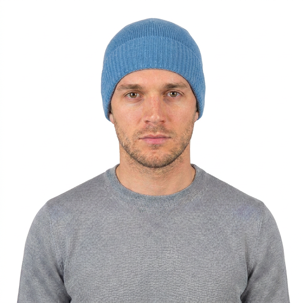 Men's plain-knit 100% cashmere beanie, colour Light Blue, view 3 | Dalle Piane Cashmere
