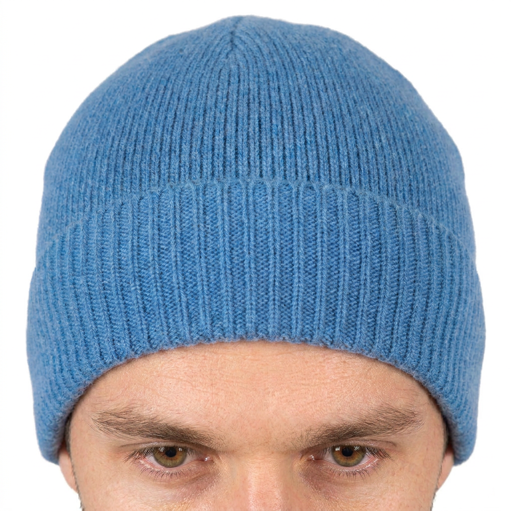 Men's plain-knit 100% cashmere beanie, colour Light Blue, view 4 | Dalle Piane Cashmere