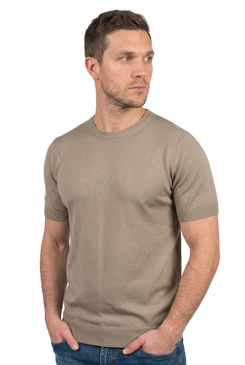 Men's 100% cotton T-shirt, colour Taupe, view 3 | Dalle Piane Cashmere