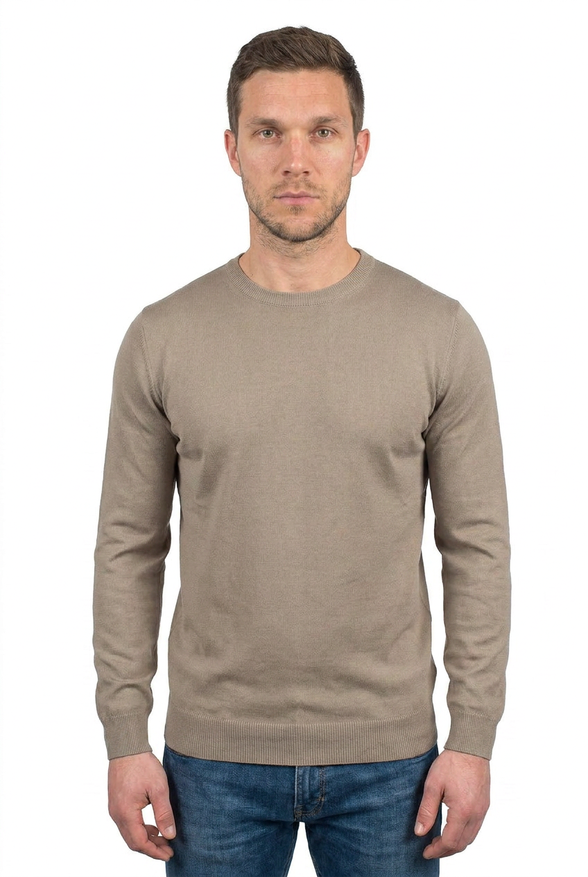 Men's 100% cotton crewneck, colour Taupe | Dalle Piane Cashmere