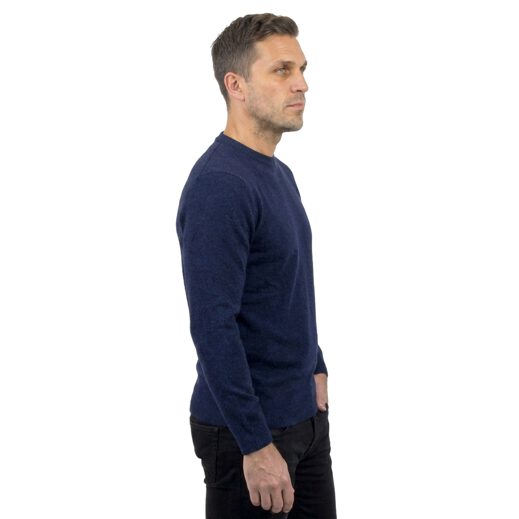 Men's 100% merino wool crewneck, colour Blue, view 3 | Dalle Piane Cashmere