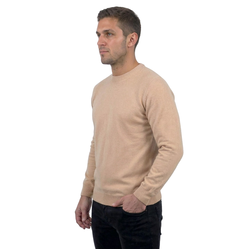 Men's 100% merino wool crewneck, colour Beige, view 3 | Dalle Piane Cashmere