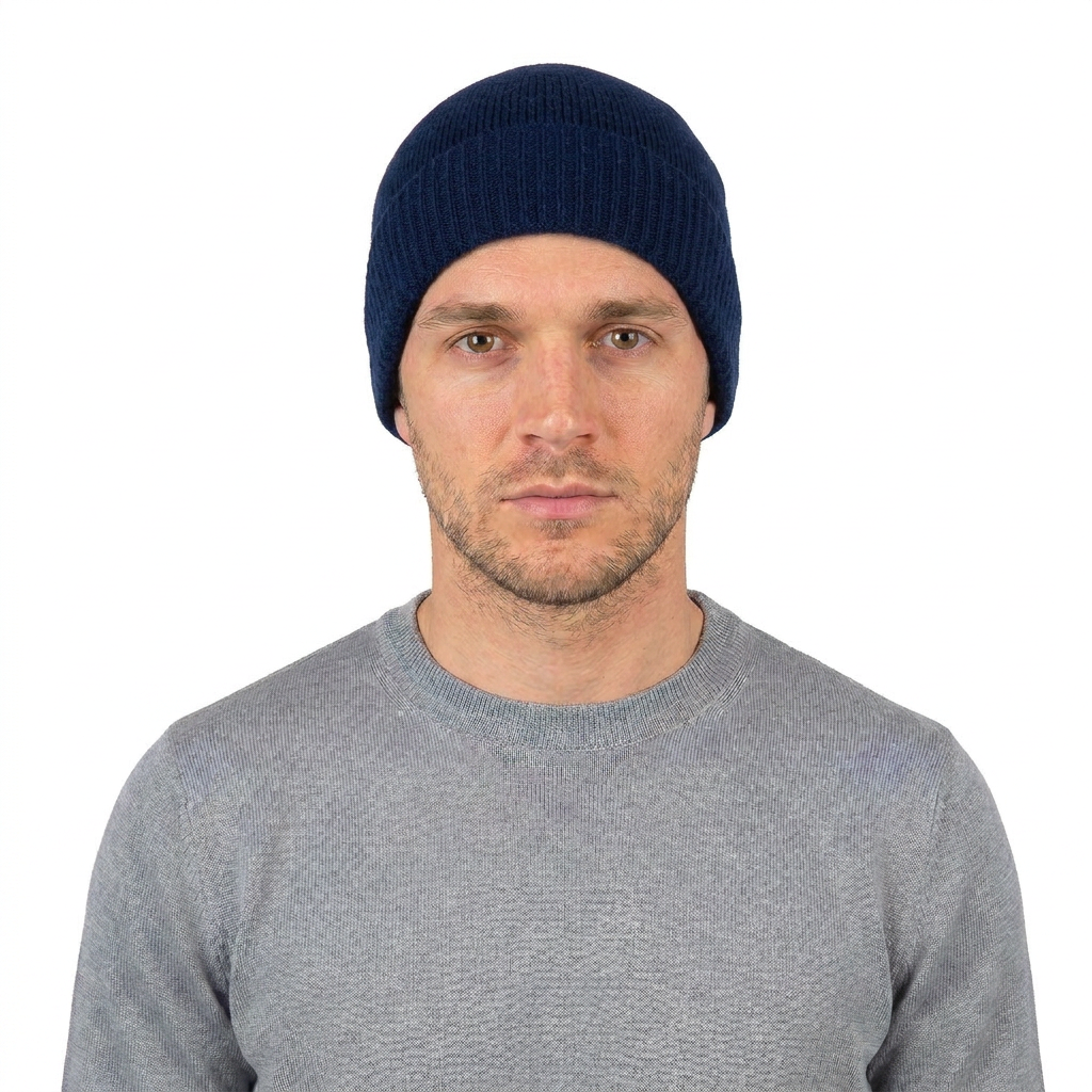 Men's plain-knit 100% cashmere beanie, colour Blue, view 2 | Dalle Piane Cashmere