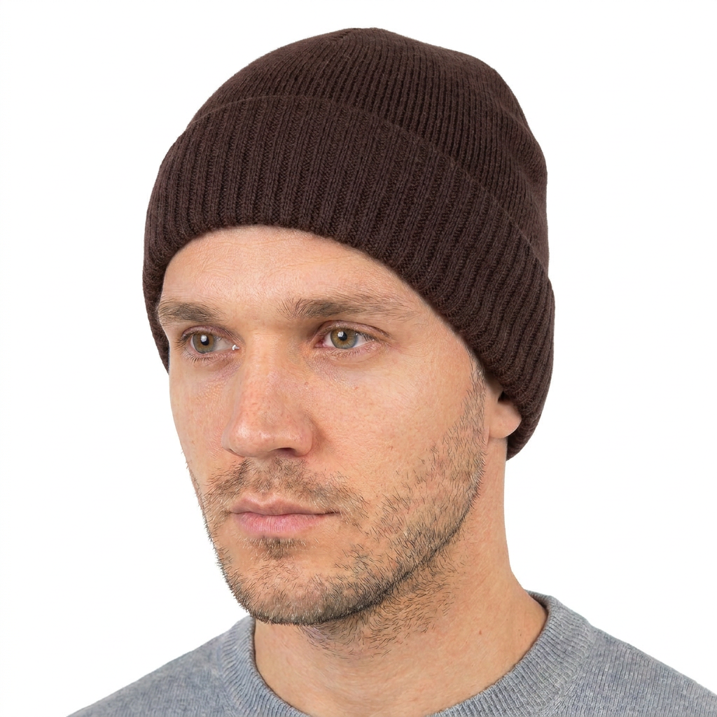 Men's plain-knit 100% cashmere beanie, colour Brown, view 4 | Dalle Piane Cashmere