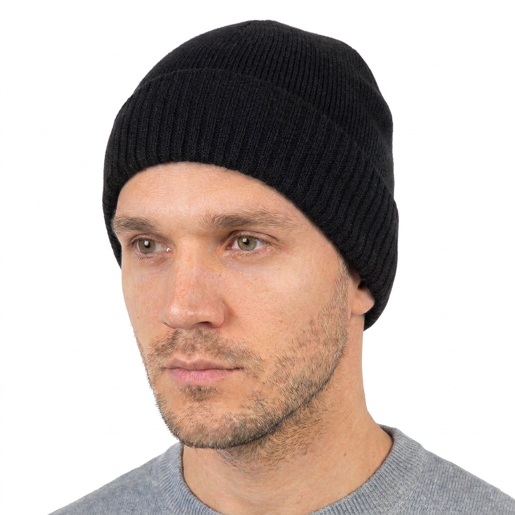 Men's plain-knit 100% cashmere beanie, colour Black, view 2 | Dalle Piane Cashmere