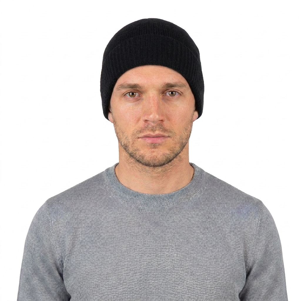 Men's plain-knit 100% cashmere beanie, colour Black, view 4 | Dalle Piane Cashmere