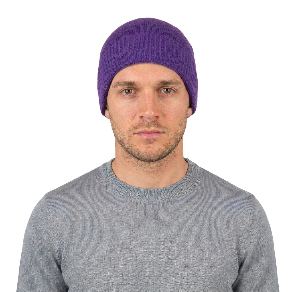 Men's plain-knit 100% cashmere beanie, colour Purple, view 3 | Dalle Piane Cashmere