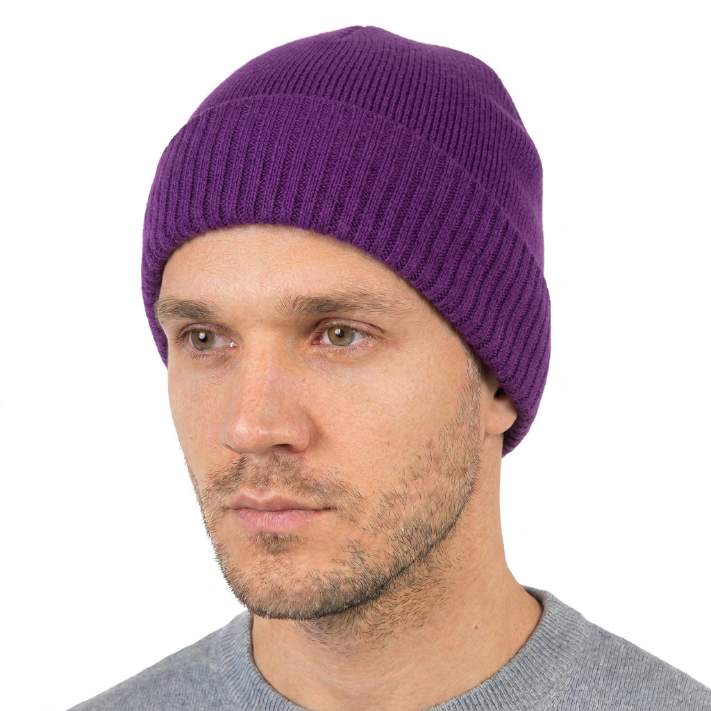 Men's plain-knit 100% cashmere beanie, colour Purple, view 2 | Dalle Piane Cashmere