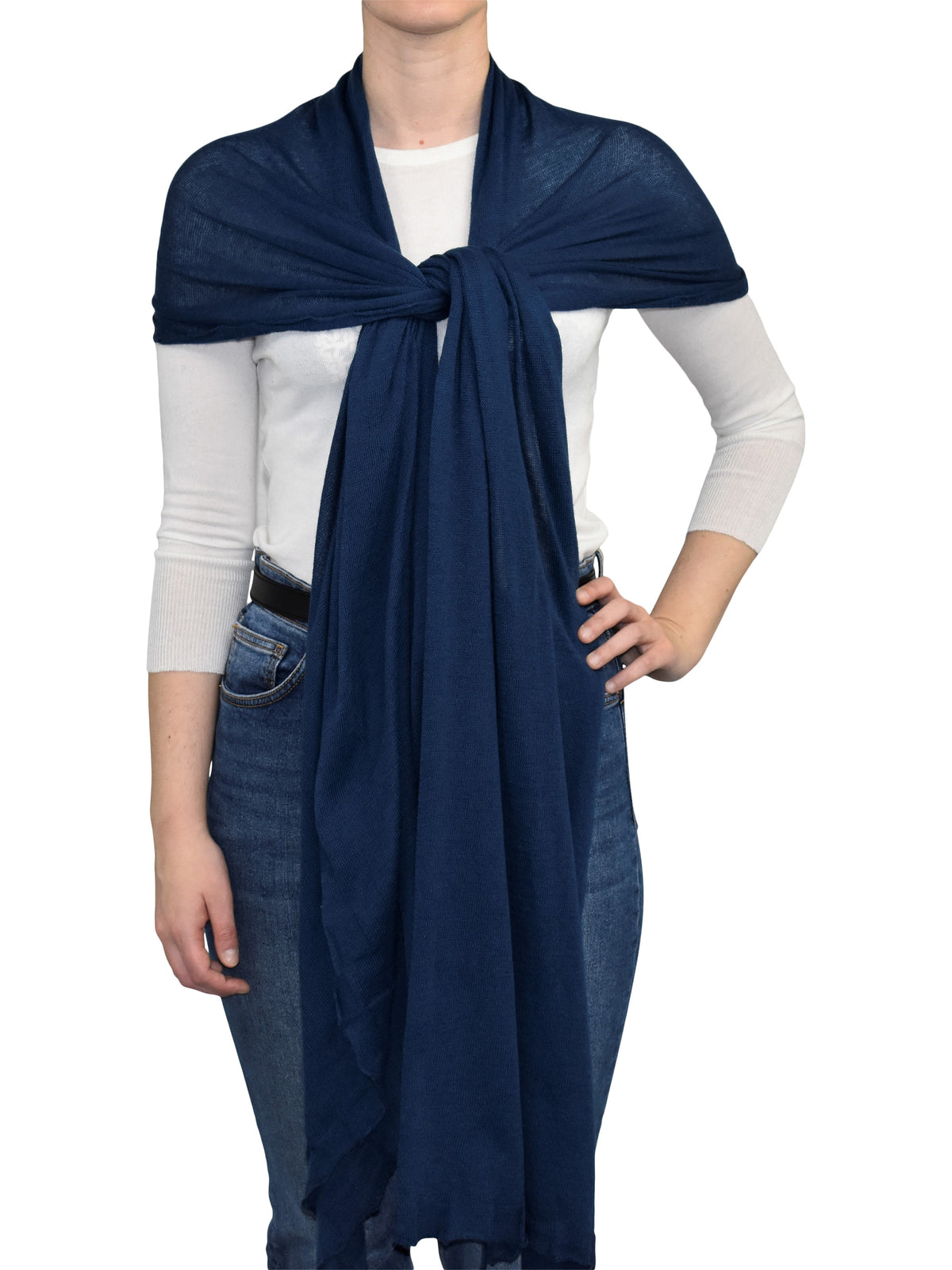 Women's cotton and cashmere wrap, colour Blue, view 2 | Dalle Piane Cashmere