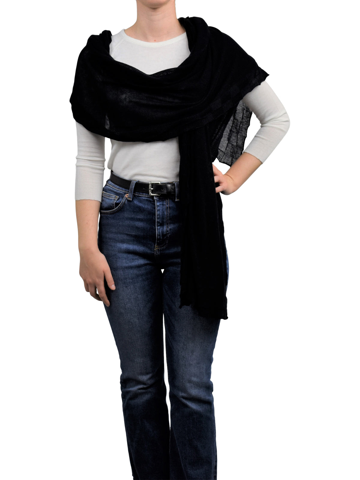 Women's cotton and cashmere wrap, colour Black, view 3 | Dalle Piane Cashmere