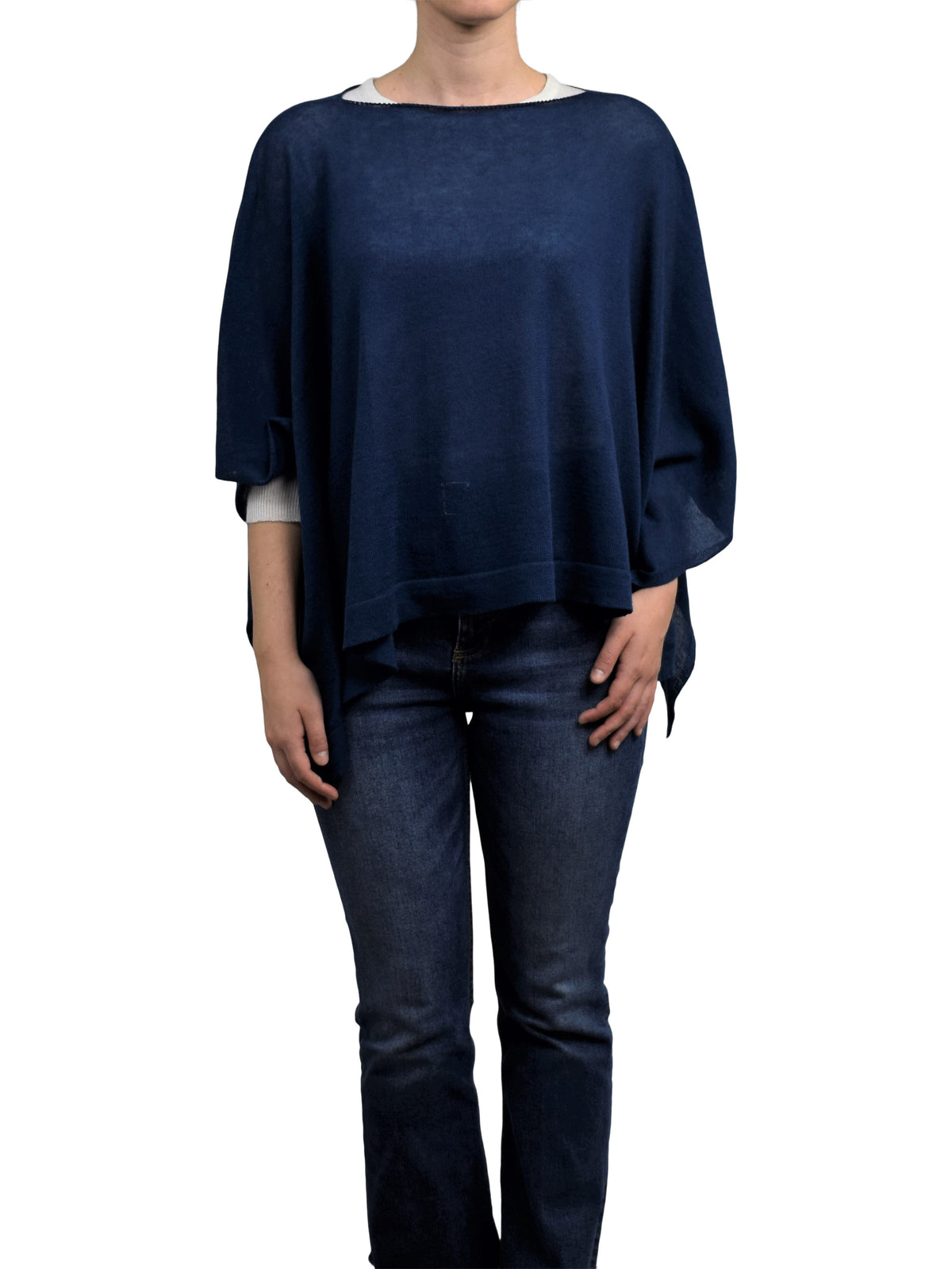 Cotton and cashmere poncho, colour Blue, view 2 | Dalle Piane Cashmere