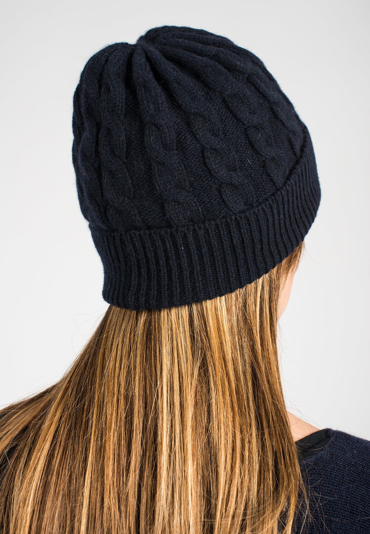 Cable-knit recycled cashmere beanie, colour Blue, view 3 | Dalle Piane Cashmere