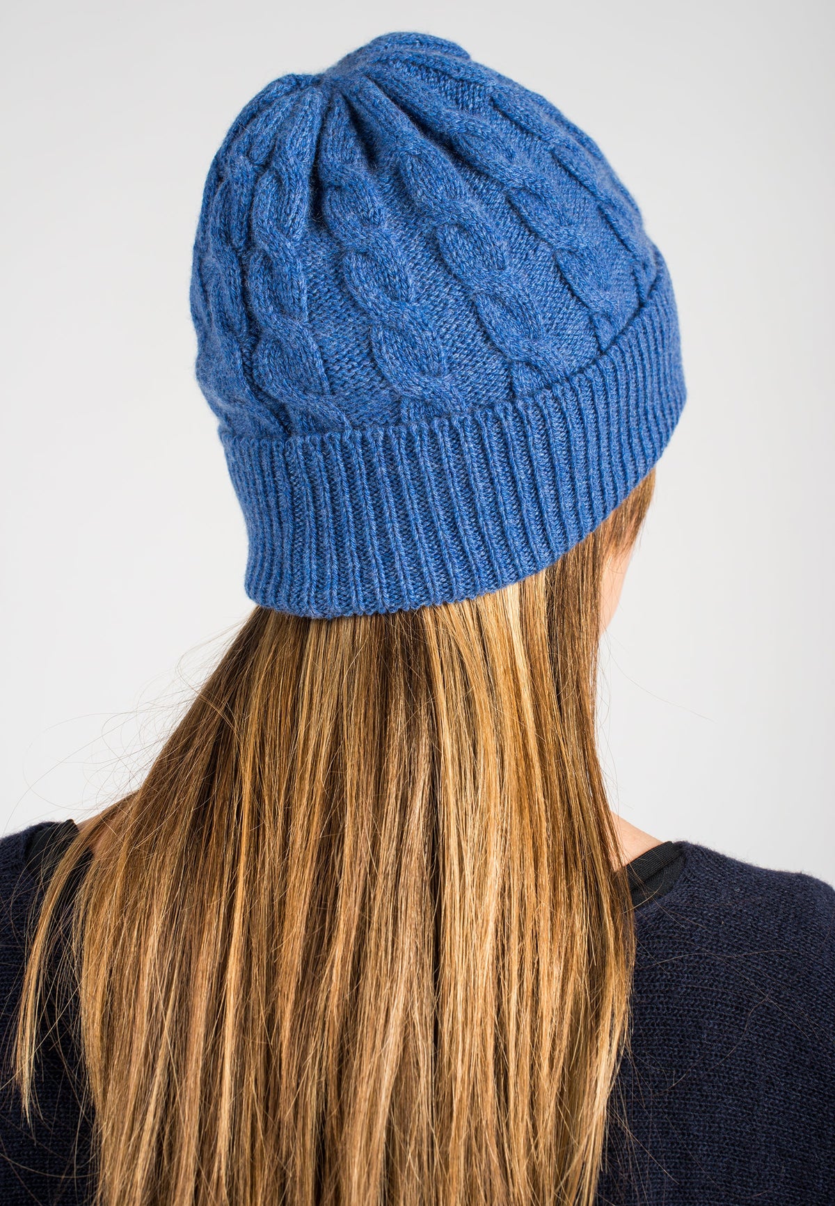 Cable-knit recycled cashmere beanie, colour Light Blue, view 3 | Dalle Piane Cashmere