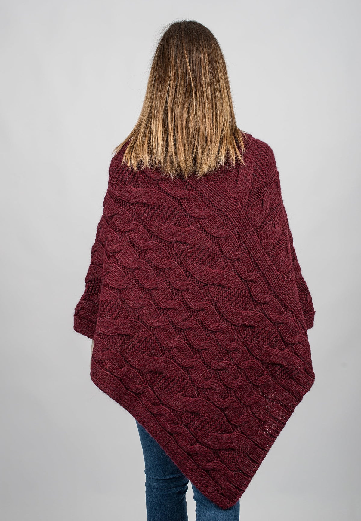 Cable-knit V-neck poncho, colour Bordeaux, view 3 | Dalle Piane Cashmere