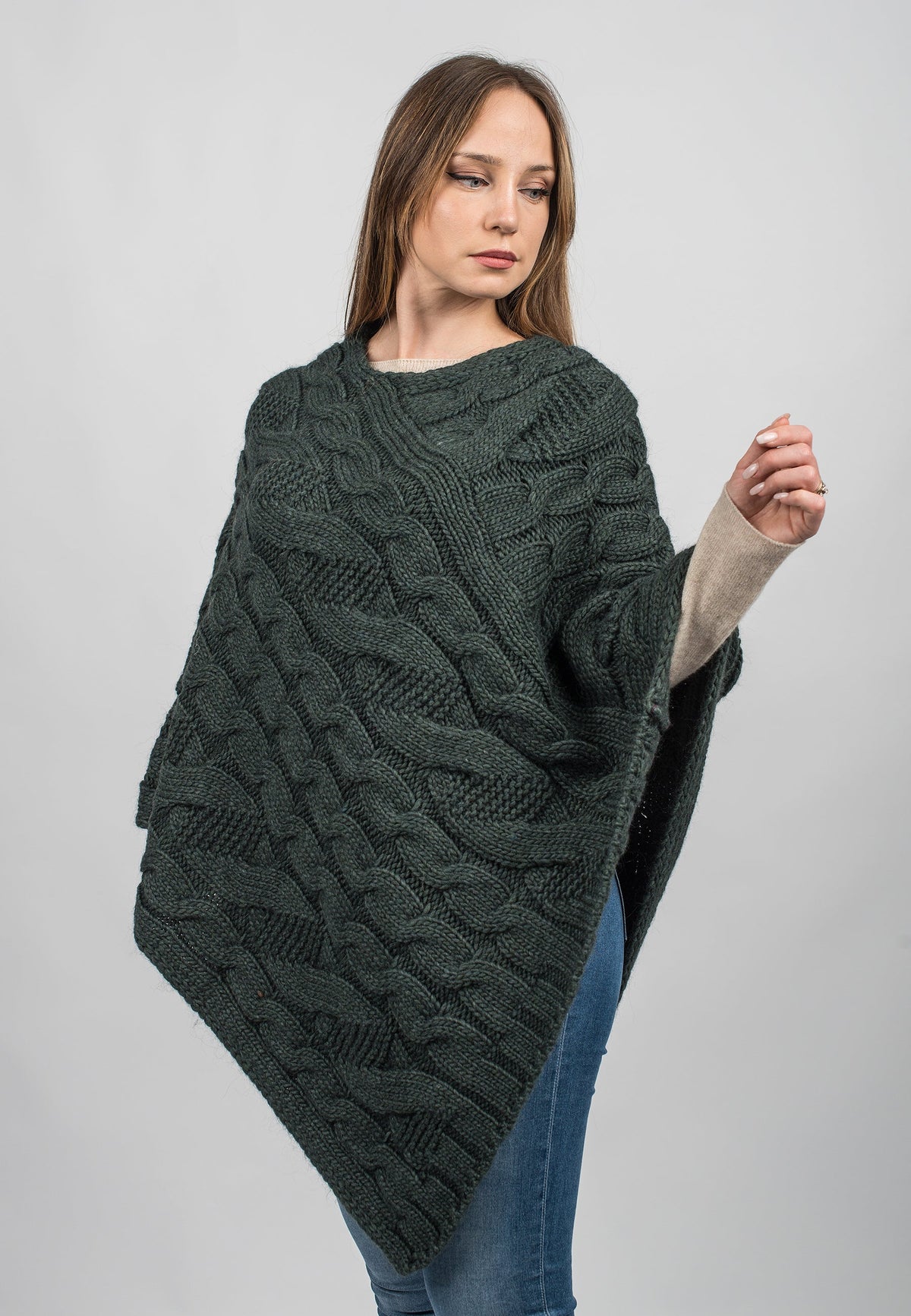 Cable-knit V-neck poncho, colour Green, view 2 | Dalle Piane Cashmere