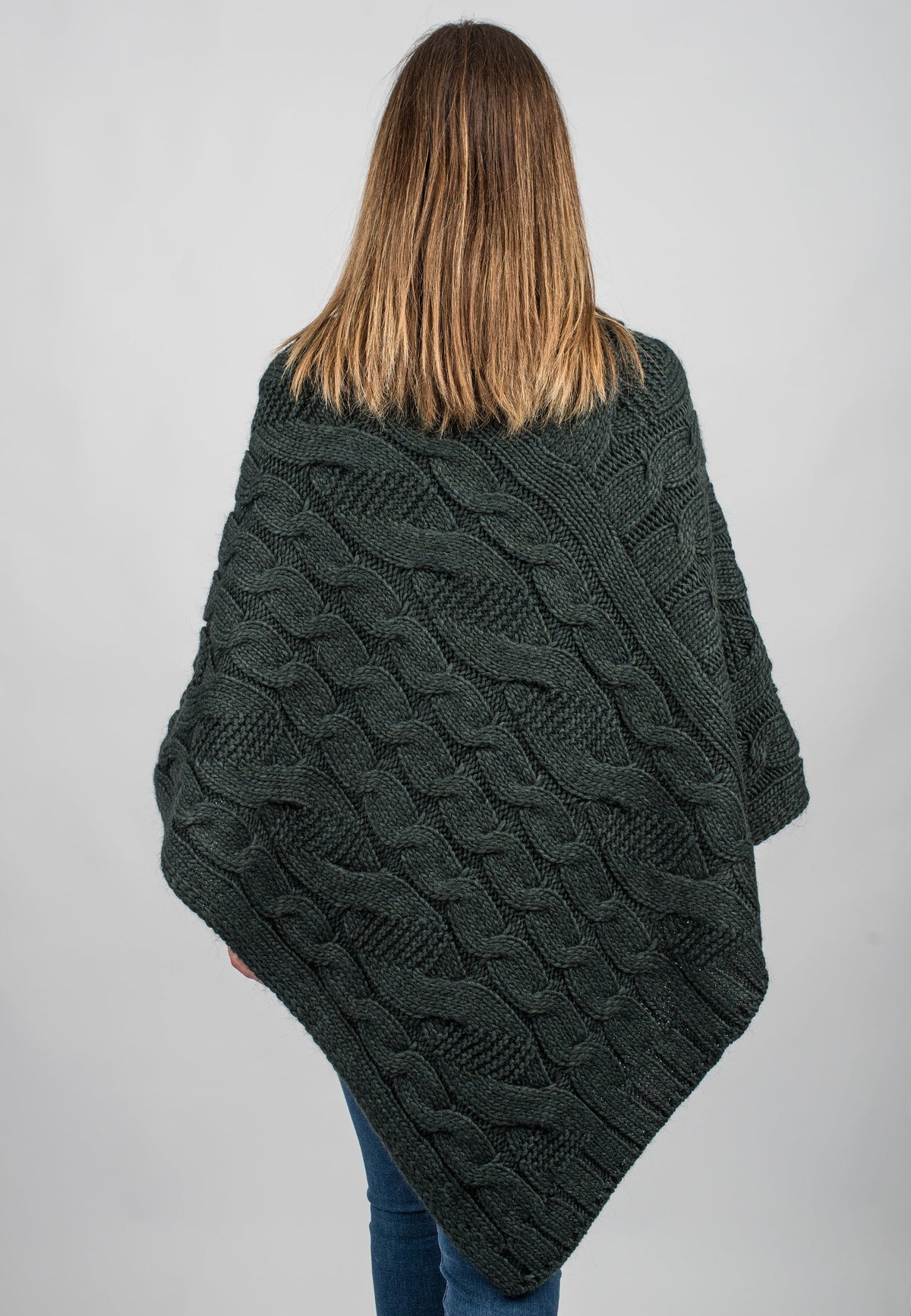Cable-knit V-neck poncho, colour Green, view 3 | Dalle Piane Cashmere