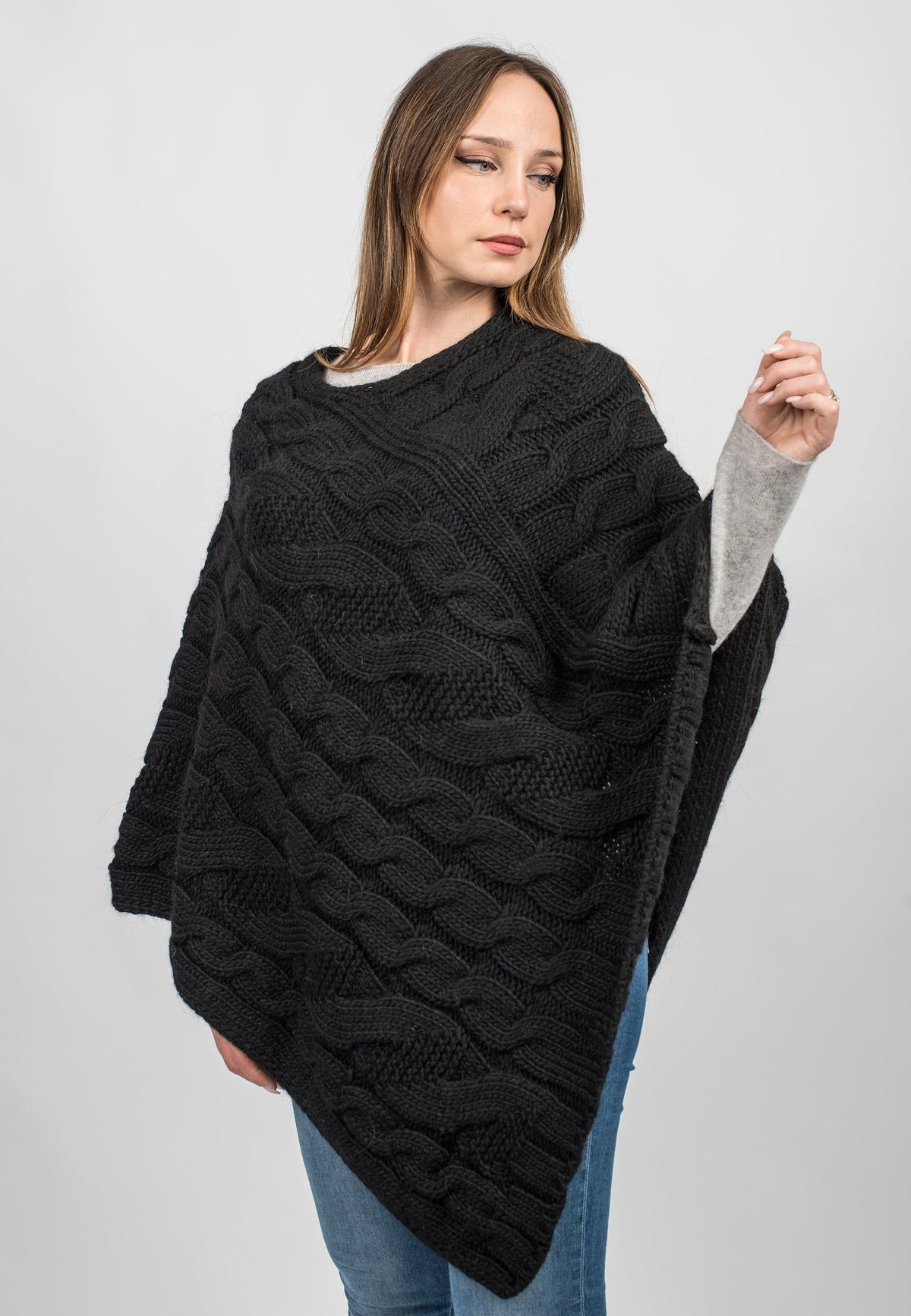 Cable-knit V-neck poncho, colour Black, view 2 | Dalle Piane Cashmere