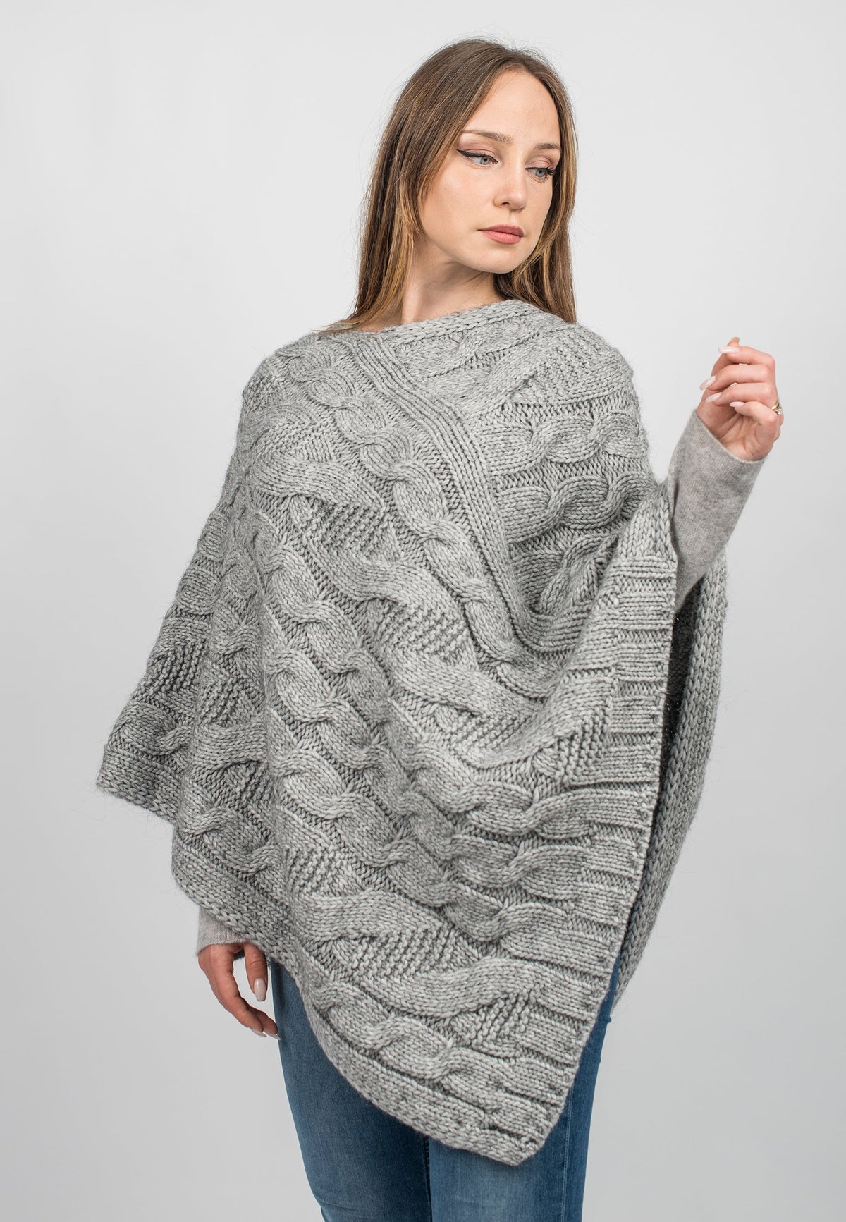 Cable-knit V-neck poncho, colour Grey, view 2 | Dalle Piane Cashmere