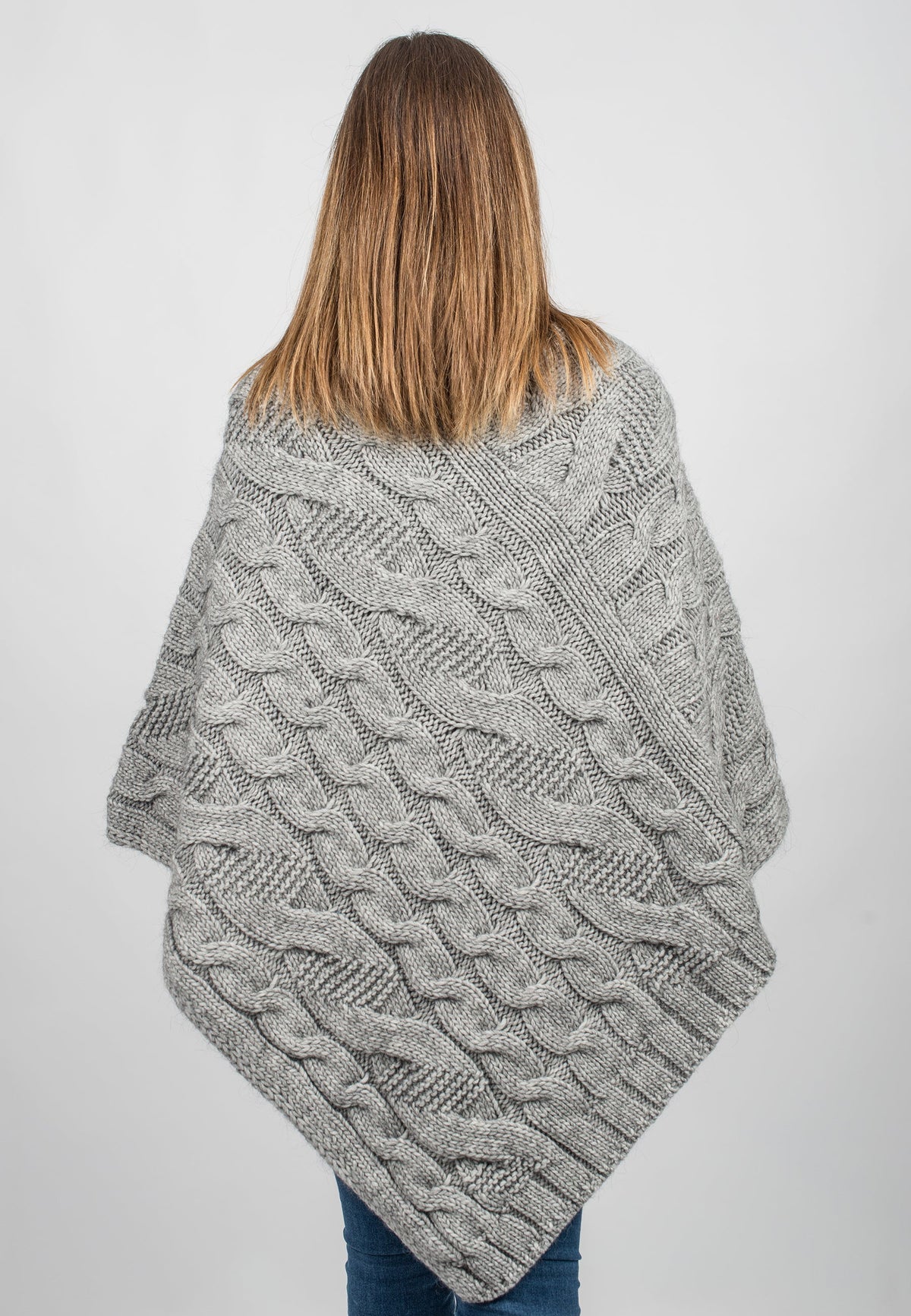 Cable-knit V-neck poncho, colour Grey, view 3 | Dalle Piane Cashmere