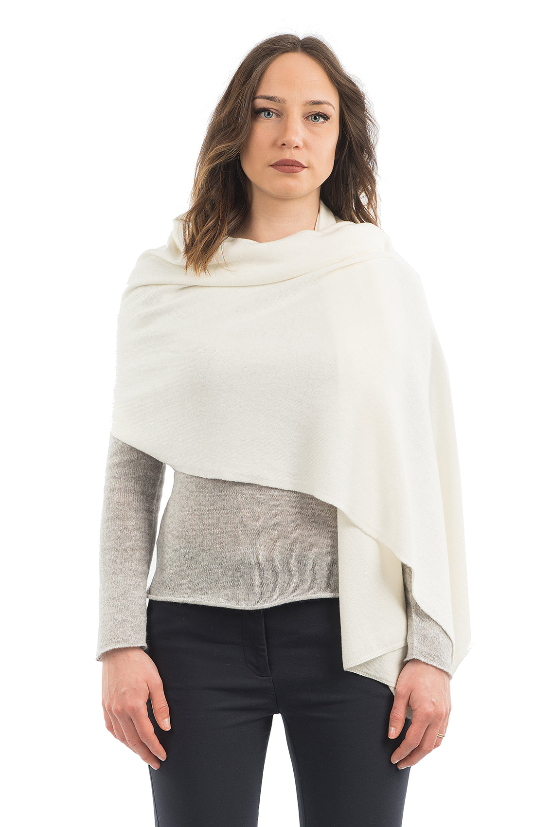 Women's cashmere blend wrap, colour Cream, view 2 | Dalle Piane Cashmere