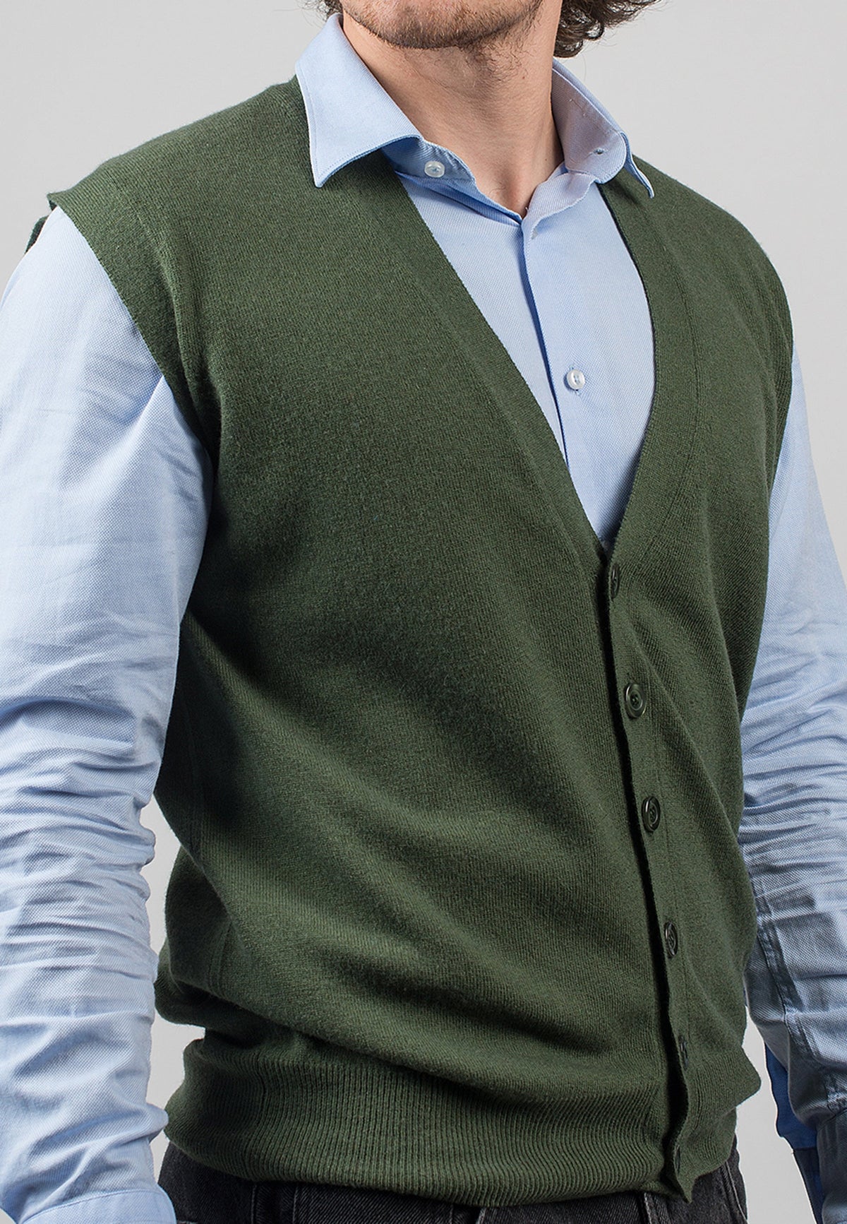 Men's cashmere blend knitted waistcoat, colour Olive, view 3 | Dalle Piane Cashmere