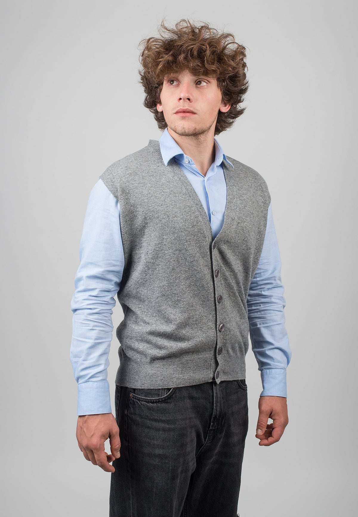 Men's cashmere blend knitted waistcoat, colour Grey, view 2 | Dalle Piane Cashmere