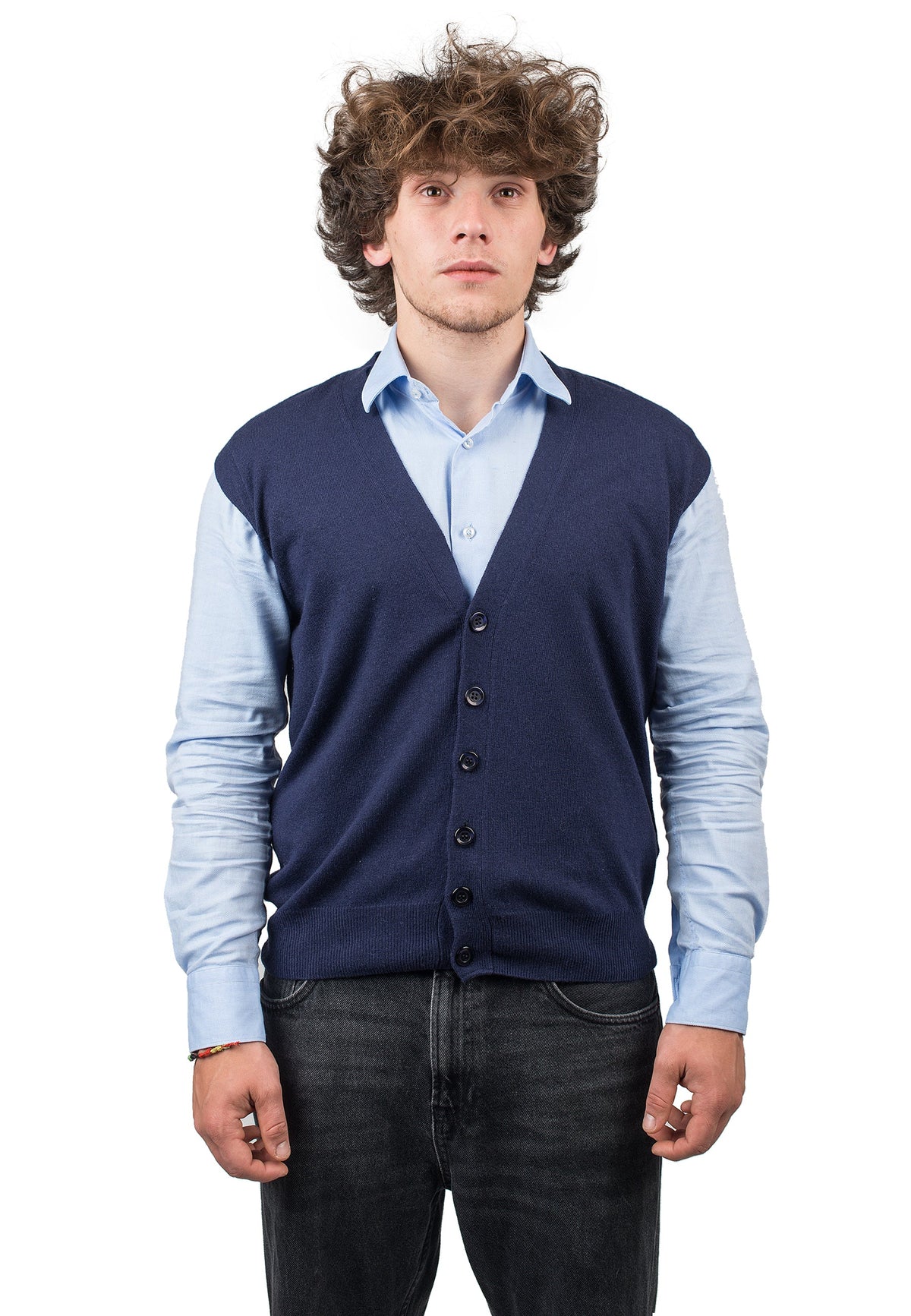 Men's cashmere blend knitted waistcoat, colour Blue | Dalle Piane Cashmere
