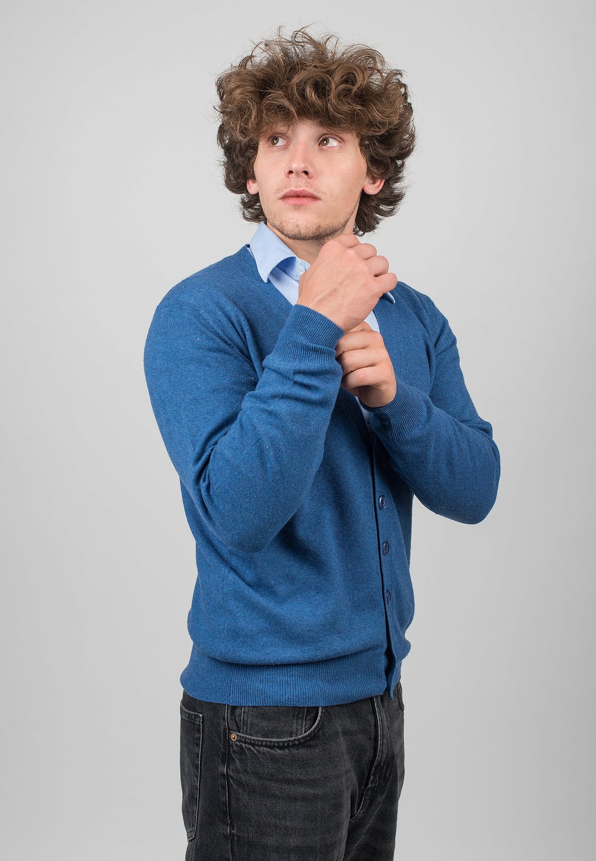 Men's cashmere blend cardigan, colour Royal Blue, view 3 | Dalle Piane Cashmere