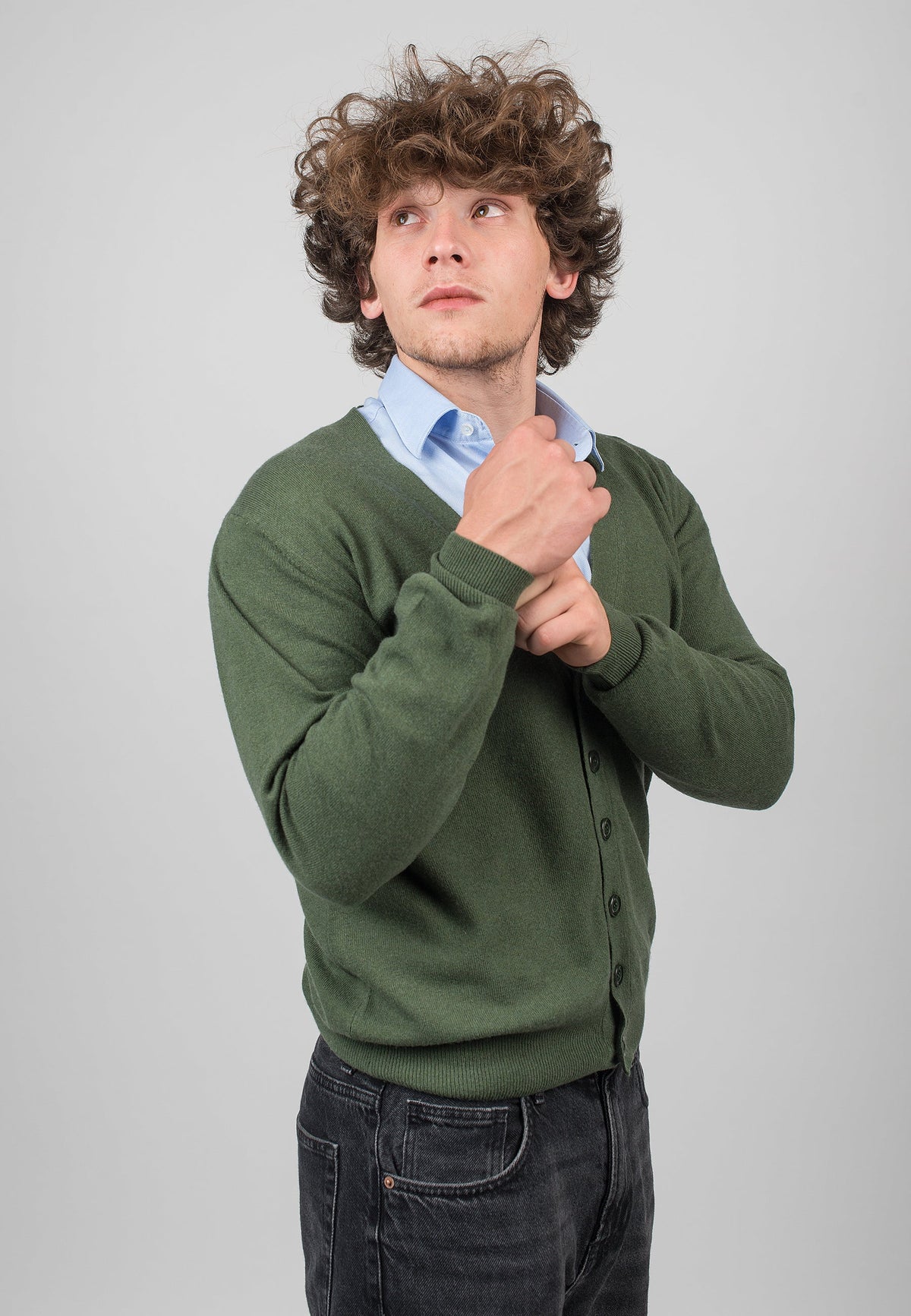 Men's cashmere blend cardigan, colour Olive, view 3 | Dalle Piane Cashmere
