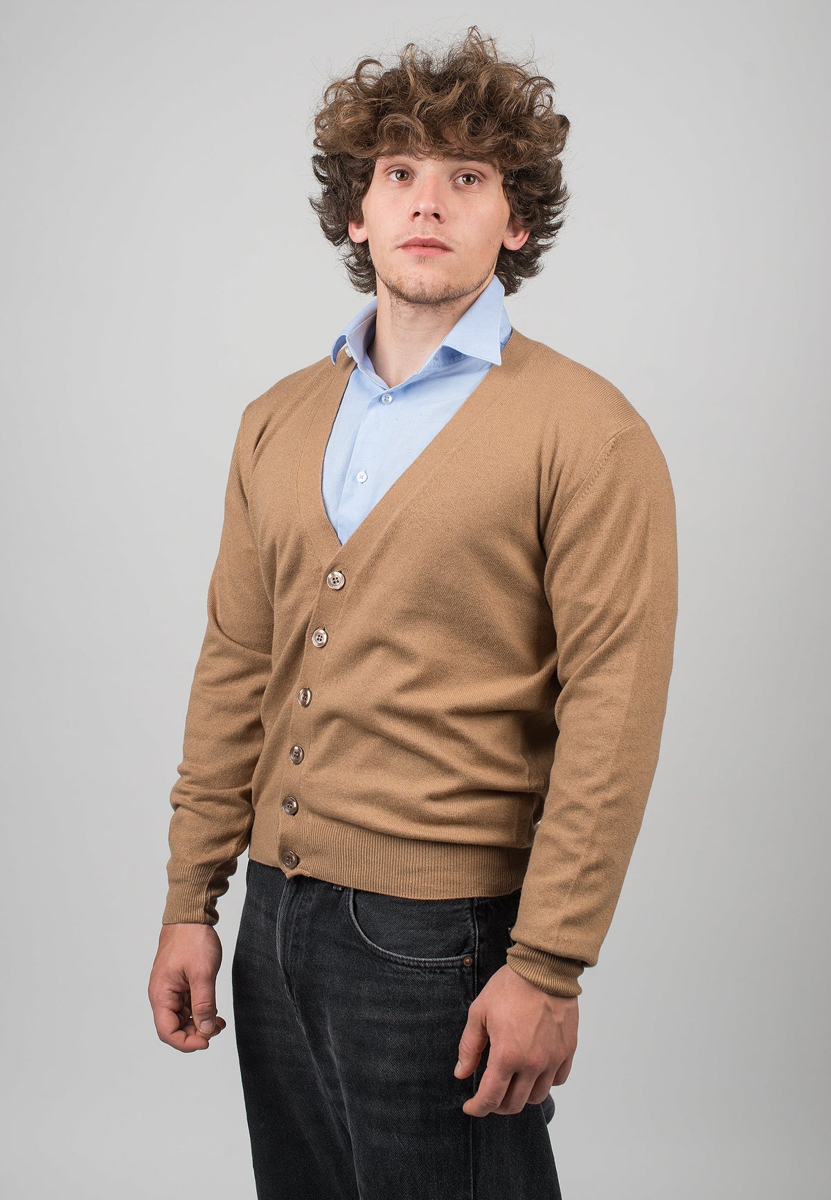 Men's cashmere blend cardigan, colour Camel, view 2 | Dalle Piane Cashmere