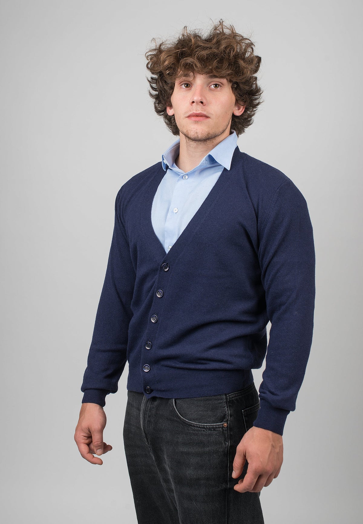 Men's cashmere blend cardigan, colour Blue, view 2 | Dalle Piane Cashmere