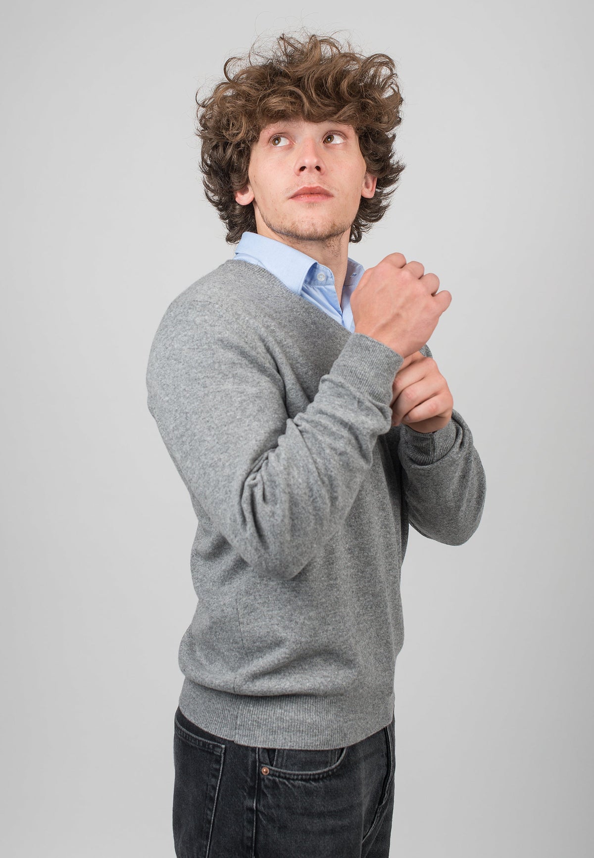 Men's cashmere blend V-neck, colour Grey, view 3 | Dalle Piane Cashmere