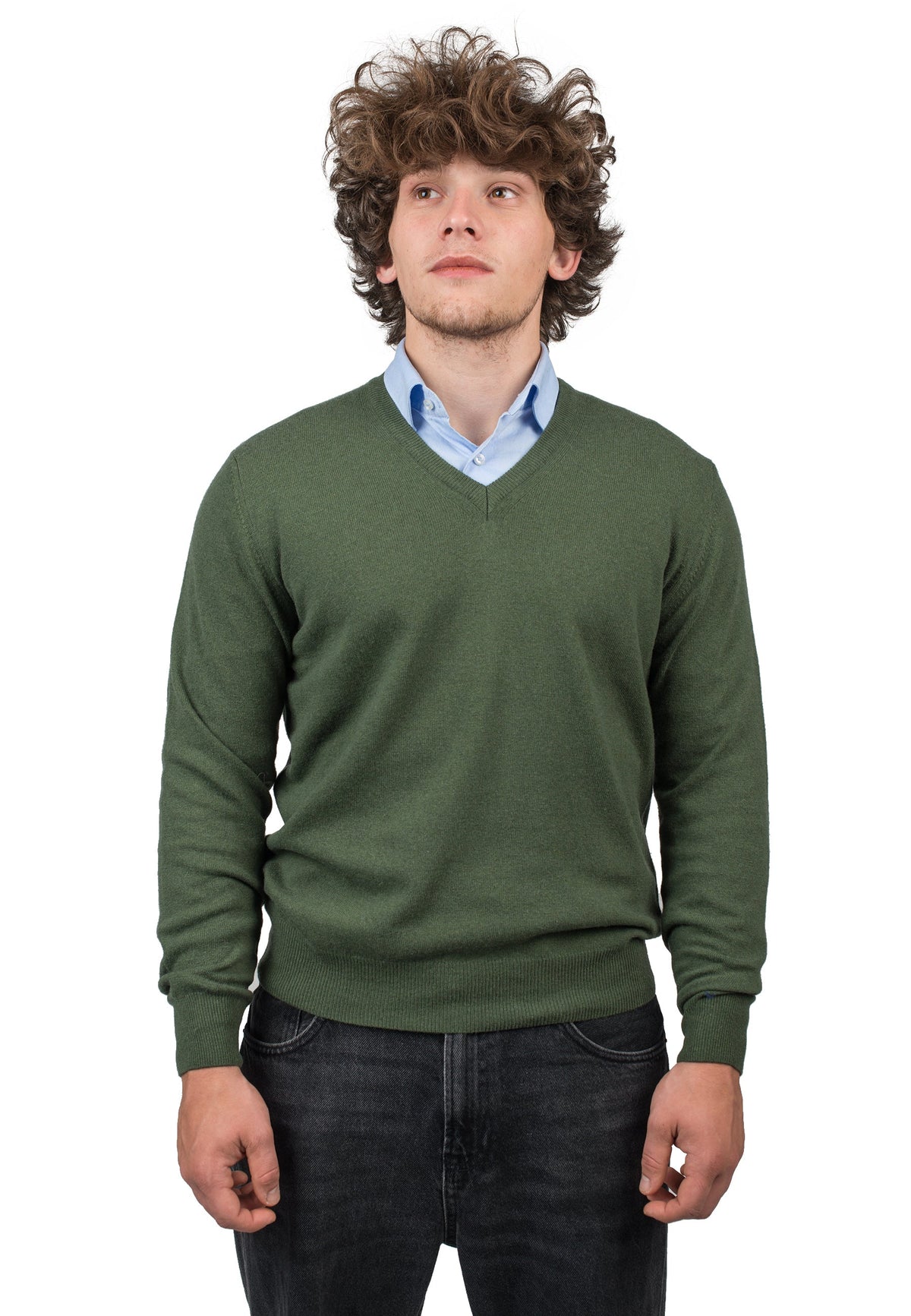 Men's cashmere blend V-neck, colour Olive | Dalle Piane Cashmere