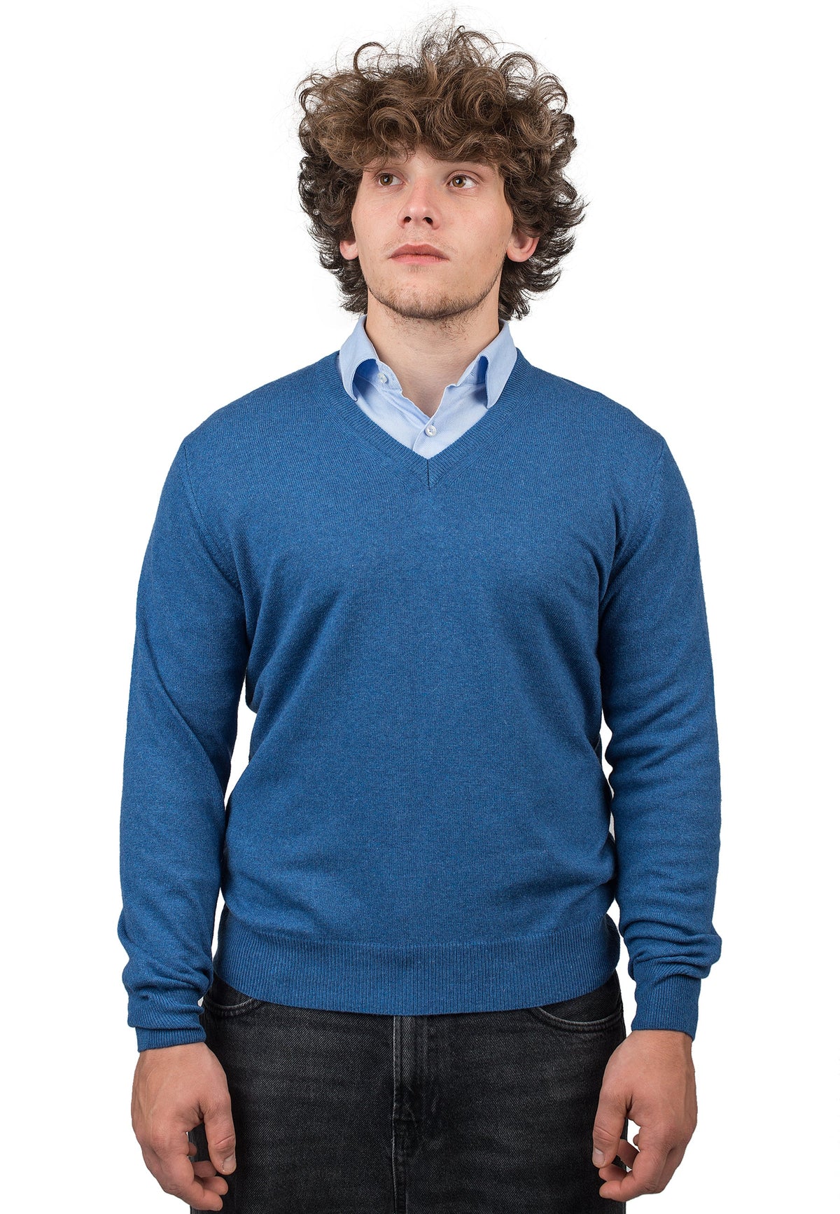 Men's cashmere blend V-neck, colour Royal Blue | Dalle Piane Cashmere