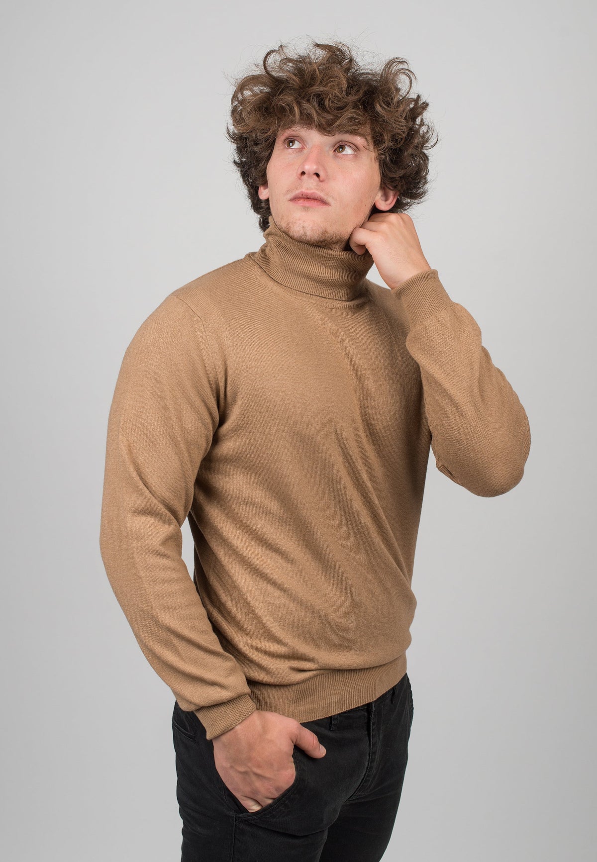 Men's cashmere blend turtleneck, colour Camel, view 3 | Dalle Piane Cashmere