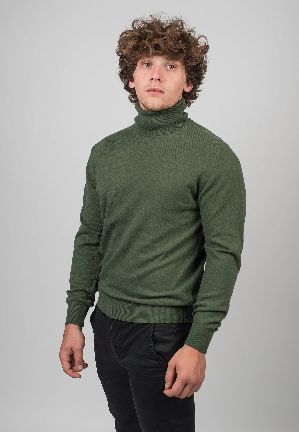 Men's cashmere blend turtleneck, colour Olive, view 2 | Dalle Piane Cashmere