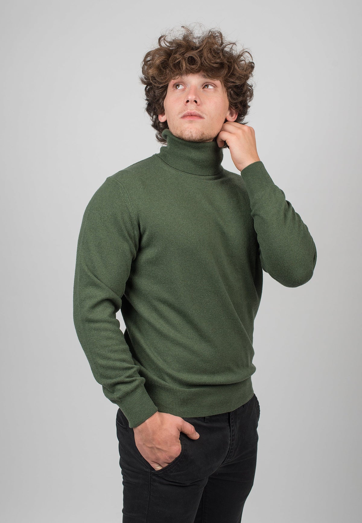 Men's cashmere blend turtleneck, colour Olive, view 3 | Dalle Piane Cashmere