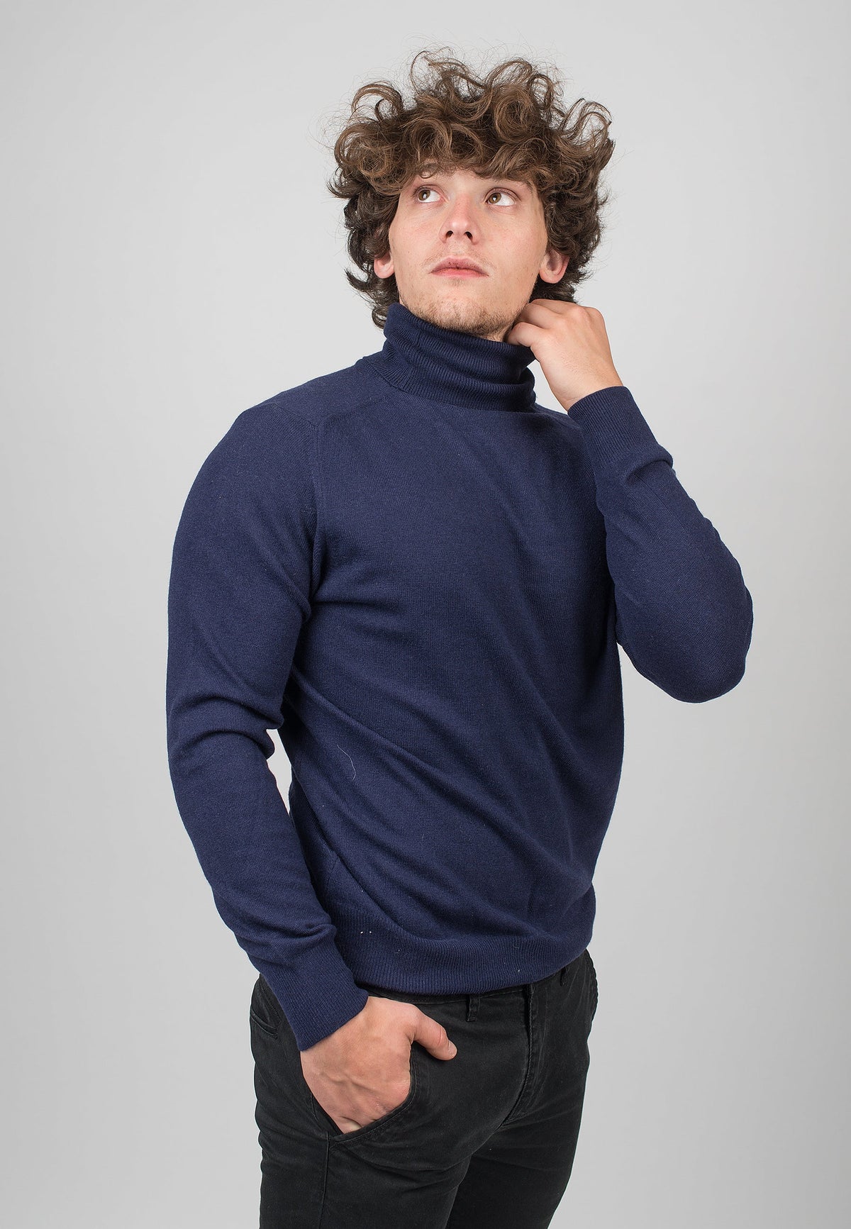 Men's cashmere blend turtleneck, colour Blue, view 3 | Dalle Piane Cashmere