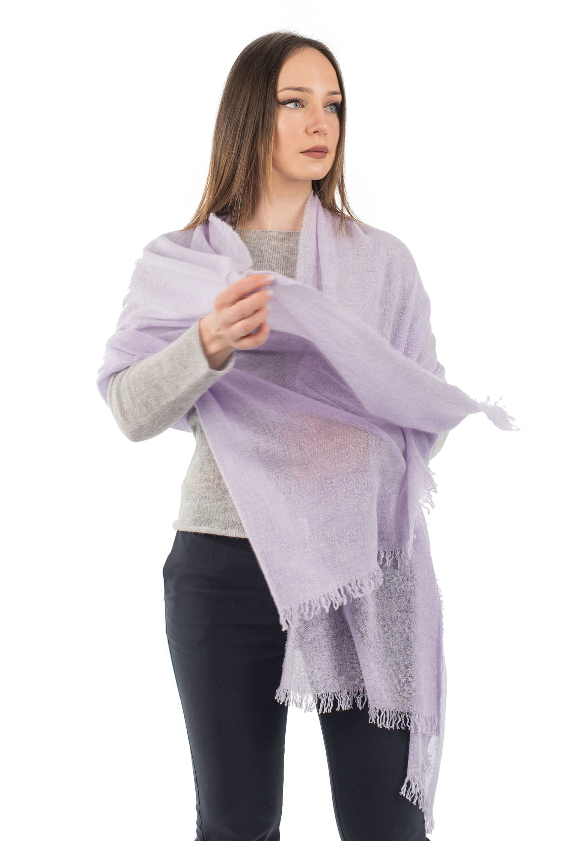 Women's 100% cashmere pashmina, colour Lilac, view 3 | Dalle Piane Cashmere