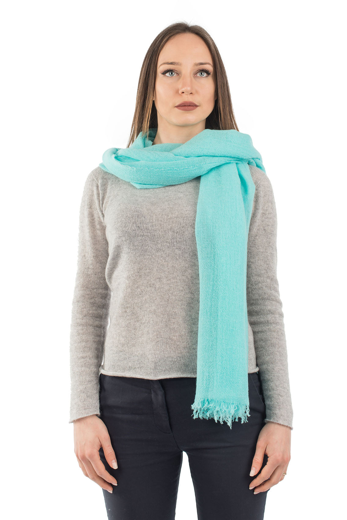 Women's 100% cashmere pashmina, colour Aquamarine, view 2 | Dalle Piane Cashmere