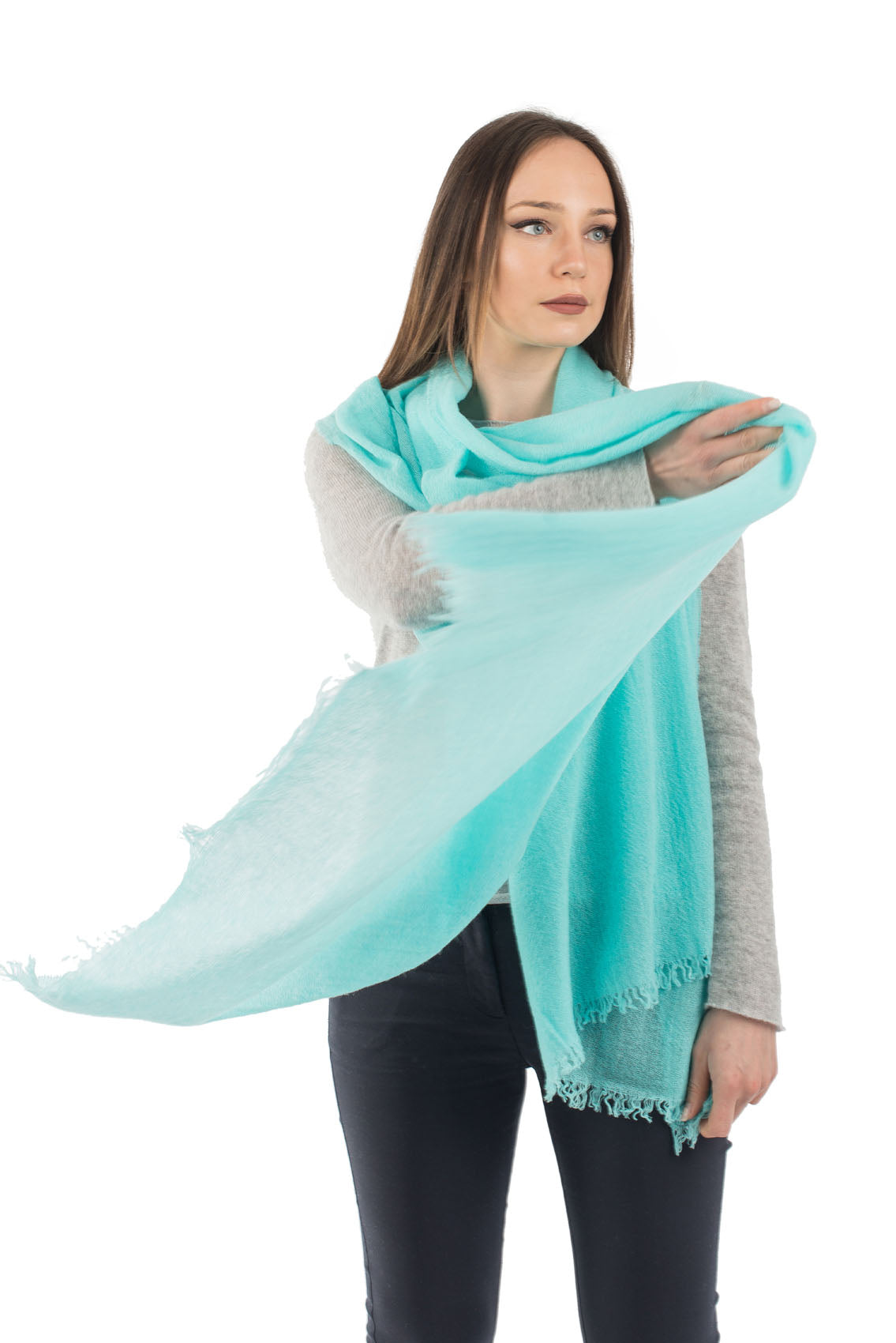 Women's 100% cashmere pashmina, colour Aquamarine, view 3 | Dalle Piane Cashmere