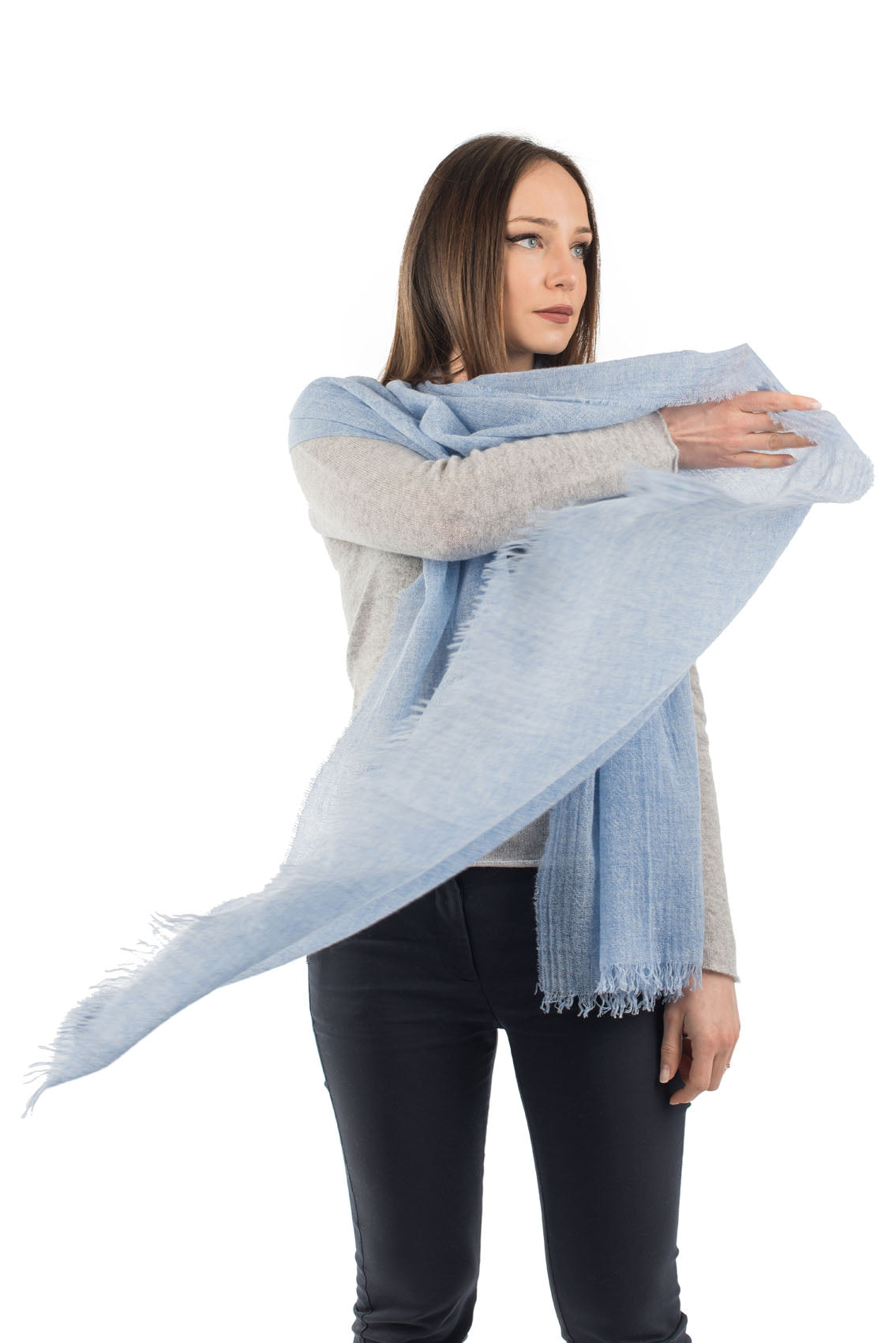 Women's 100% cashmere pashmina, colour Sky, view 3 | Dalle Piane Cashmere