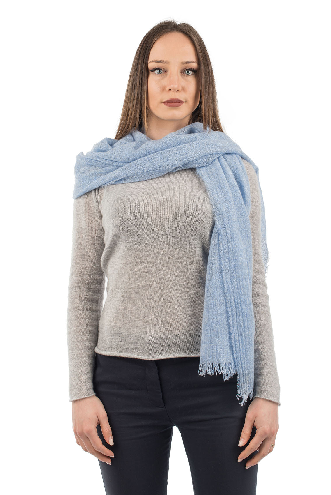 Women's 100% cashmere pashmina, colour Sky, view 2 | Dalle Piane Cashmere