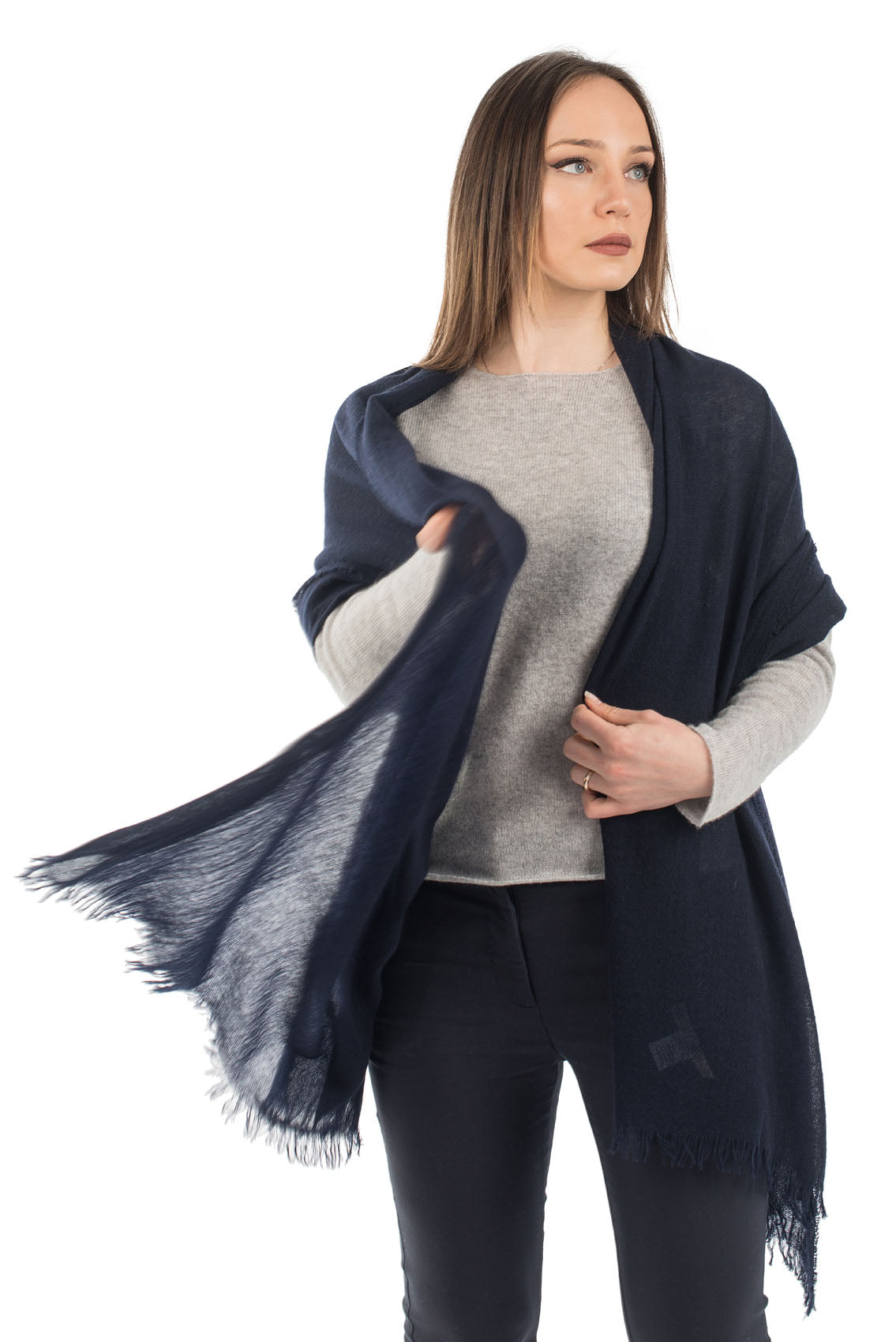 Women's 100% cashmere pashmina, colour Blue, view 3 | Dalle Piane Cashmere